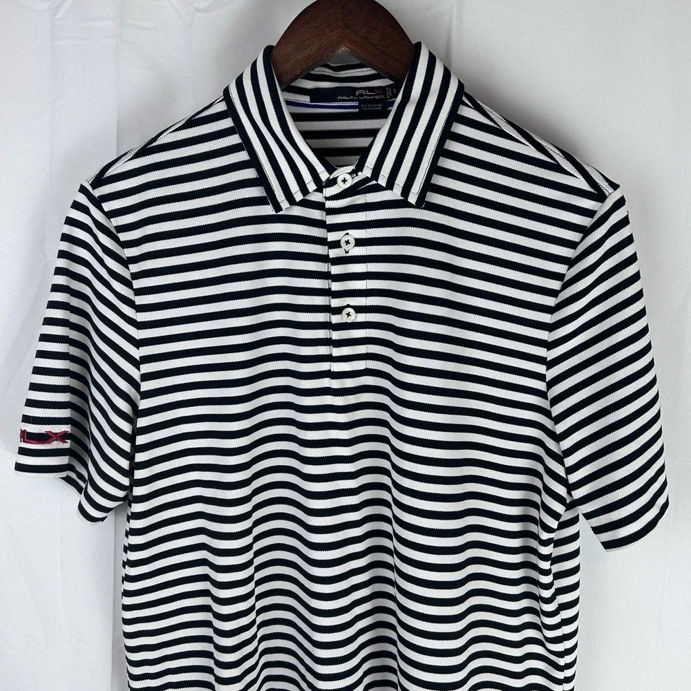 RLX Ralph Lauren‎ Golf Polo Shirt Mens Small Black White Striped Folds of Honor